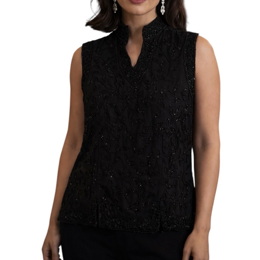 Fashion Bug Vintage Leaf Beaded Sleeveless Blouse High Neck Sz. XL Evening Y2K
